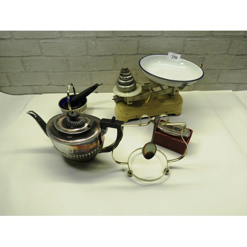 250 - VINTAGE SCALES WITH WEIGHTS, HALIFAX SAVINGS BANK,, SILVER PLATE TEAPOT ETC