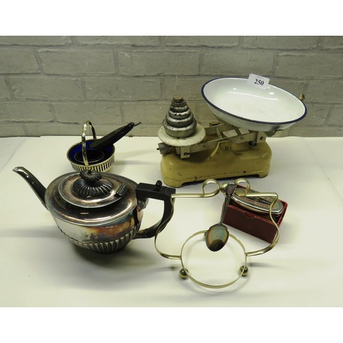 250 - VINTAGE SCALES WITH WEIGHTS, HALIFAX SAVINGS BANK,, SILVER PLATE TEAPOT ETC