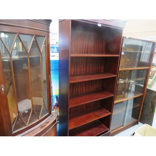 575 - CORNER DISPLAY CABINET OPEN BOOK CASE AND SLIDING GLASS FRONTED/ BOOK SHELF DISPLAY CABINET