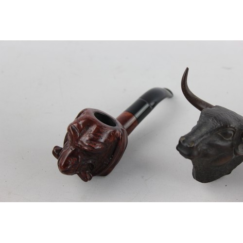 413 - 3 x Assorted Vintage Carved Estate SMOKING PIPES Includes Dog, Bull & Rhino