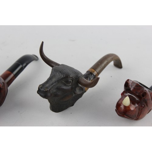 413 - 3 x Assorted Vintage Carved Estate SMOKING PIPES Includes Dog, Bull & Rhino