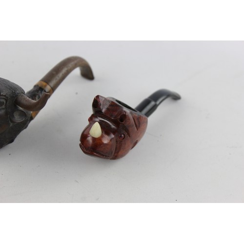 413 - 3 x Assorted Vintage Carved Estate SMOKING PIPES Includes Dog, Bull & Rhino