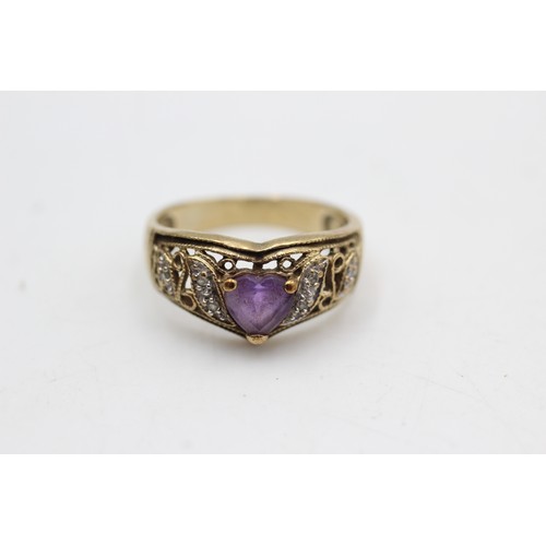 512 - 9ct gold vintage amethyst & diamond dress ring (3.4g)Size-N