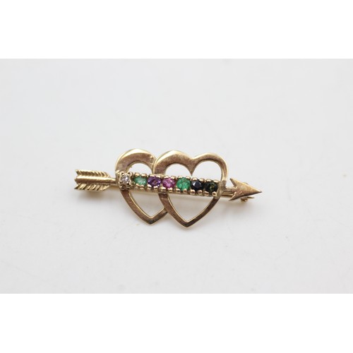 514 - 9ct gold 'dearest' diamond, emerald, amethyst, ruby, emerald, sapphire & tourmaline heart brooch (1.... 