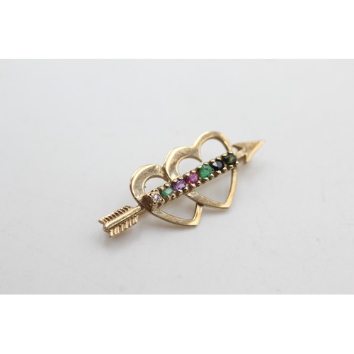 514 - 9ct gold 'dearest' diamond, emerald, amethyst, ruby, emerald, sapphire & tourmaline heart brooch (1.... 