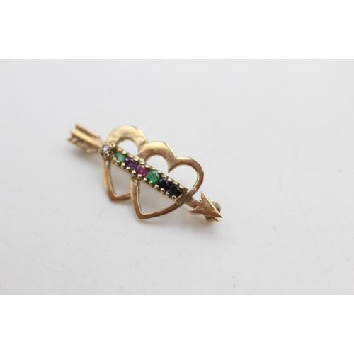 514 - 9ct gold 'dearest' diamond, emerald, amethyst, ruby, emerald, sapphire & tourmaline heart brooch (1.... 