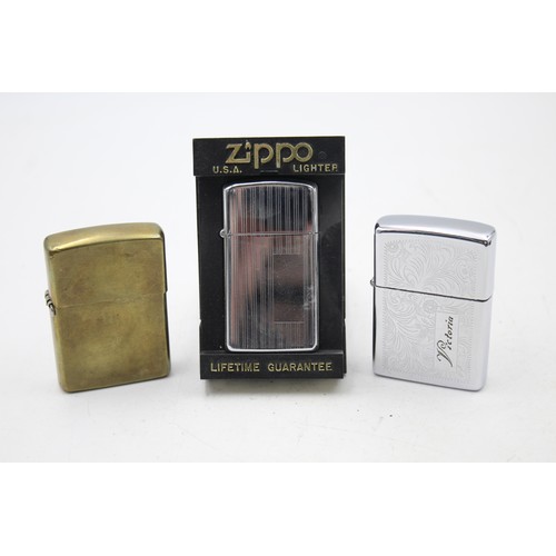 519 - 3 x Assorted ZIPPO Cigarette LIGHTERS Includes Vintage, Brass, Boxed, Slimline Etc