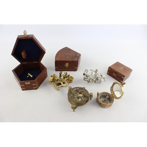 534 - 5 x Assorted Brass Sextant & Compasses Includes Vintage, Boxed, Natural Sine Etc