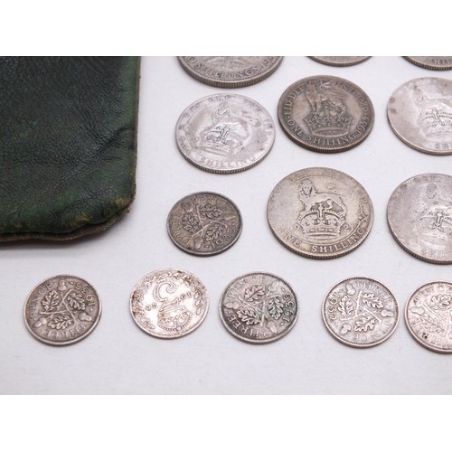 53 - OLD GREEN MONEY BAG FULL OF OLD BRITISH SILVER COINS