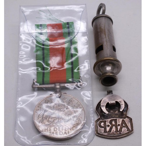 60 - SILVER A.R.P BADGE, WWII DEFENCE MEDAL, ARP WHISTLES