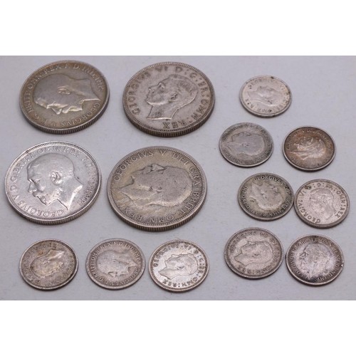 63 - FOUR SILVER ONE FLORIN COINS AND 10 SILVER 3D'S