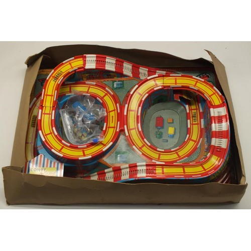 32 - VINTAGE TECHNOFIX CONEY ISLAND TOY ROLLER COASTER IN ORIGINAL BOX- COMPLETE WITH TWO CARS AND KEY