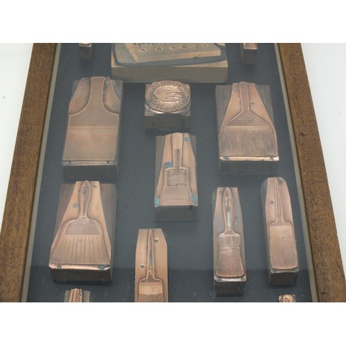 378 - MARTIN BRUSH CO COPPER AND WOOD PRINTING BLOCKS IN GLASS FRONTED DISPLAY CASE