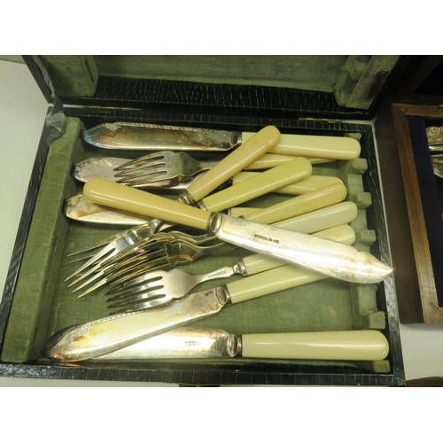 31 - CUTLERY CANTEENS AND PEWTER INKWELL