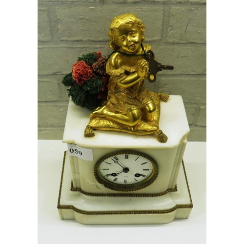 59 - 19TH CENTURY  FRENCH MANTLE CLOCK, MARBLE BASE WITH CHERUB ROLLIN PARIS COMPLESE WITH KEY- NEEDS ATT... 