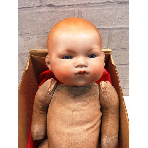 73 - ANTIQUE GERMAN ARMAND MARSIELLE DOLL WITH PORCELAIN HEAD MOVING GLASS EYES AND ATRICULATED SOFT BODY... 