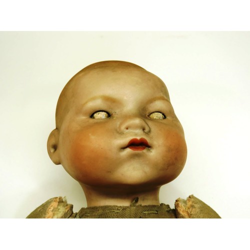 73 - ANTIQUE GERMAN ARMAND MARSIELLE DOLL WITH PORCELAIN HEAD MOVING GLASS EYES AND ATRICULATED SOFT BODY... 