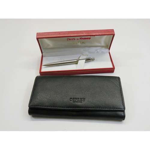 90 - SHEAFFER  PENCIL IN ORIGINAL BOX AND OSPREY BLACK LEATHER PURSE