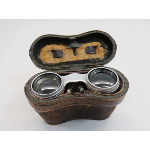 91 - VINTAGE MOTHER OF PEARL OPERA GLASSES IN BROWN LEATHER CASE