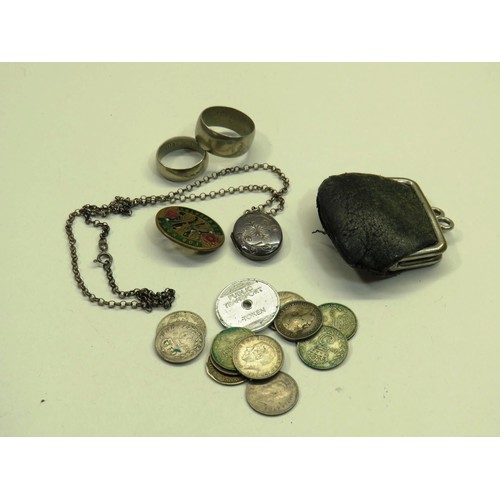 108 - 2 x SILVER COIN RINGS, SILVER LOCKET AND CHAIN, ANTIQUE COIN PURSE WITH COINS AND FOR HOME AND COUNT... 