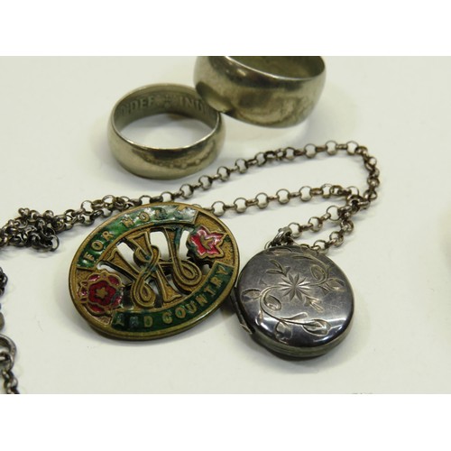 108 - 2 x SILVER COIN RINGS, SILVER LOCKET AND CHAIN, ANTIQUE COIN PURSE WITH COINS AND FOR HOME AND COUNT... 