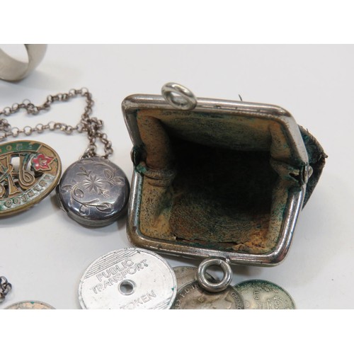 108 - 2 x SILVER COIN RINGS, SILVER LOCKET AND CHAIN, ANTIQUE COIN PURSE WITH COINS AND FOR HOME AND COUNT... 