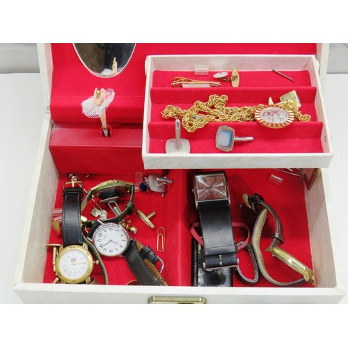 113 - JEWELLERY BOX AND CONTENTS, JEWELLERY AND WATCHES INCLUDES SILVER