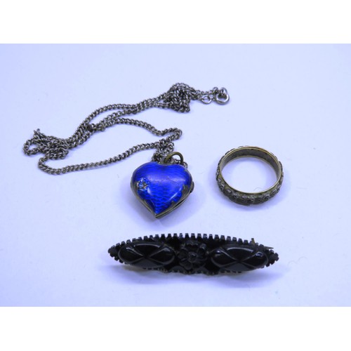 116 - ANTIQUE CARVED JET MOURNING BROOCH SILVER AND BLUE ENAMEL HEART LOCKET PENDANT ON CHAIN AND SILVER R... 