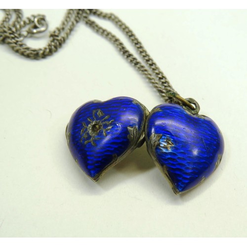116 - ANTIQUE CARVED JET MOURNING BROOCH SILVER AND BLUE ENAMEL HEART LOCKET PENDANT ON CHAIN AND SILVER R... 
