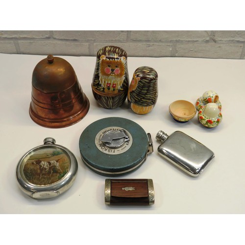 131 - VINTAGE COLLECTABLES INCLUDES NESTING DOLLS, HIP FLASKS, SNUFF BOX ETC