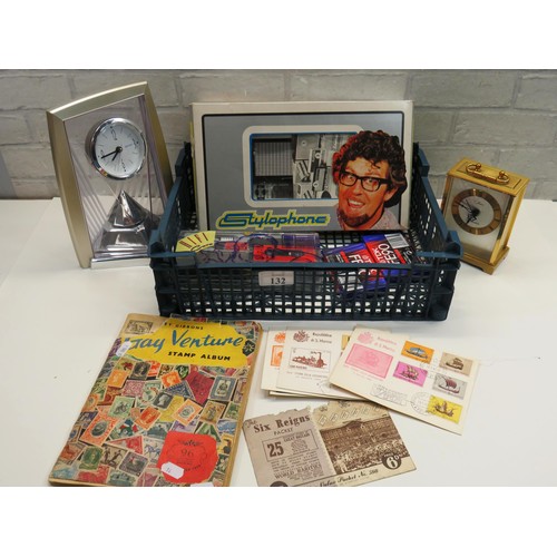 132 - VINTAGE BOXED ROLF HARRIS STYLOPHONE, STAMPS, HIFICARE CASSETTES AND TWO CLOCKS