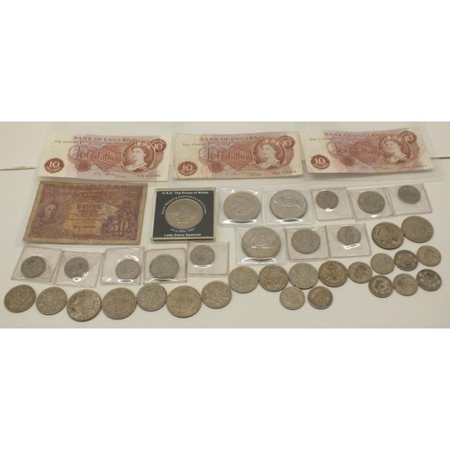 43 - COLLECTION OF OLD BRITISH BANKNOTES AND COINS INCUDING CROWNS ETC