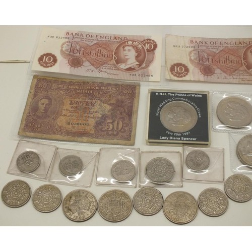 43 - COLLECTION OF OLD BRITISH BANKNOTES AND COINS INCUDING CROWNS ETC
