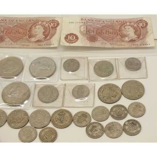 43 - COLLECTION OF OLD BRITISH BANKNOTES AND COINS INCUDING CROWNS ETC