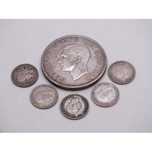 45 - SILVER 1937 CROWN COIN AND FIVE SILVER 3D'S