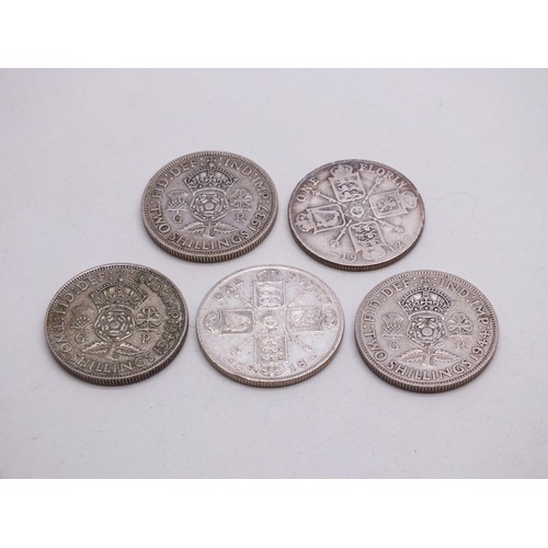 48 - 5 x SILVER ONE FLORIN COINS INCLUDING 1912 AND 1918