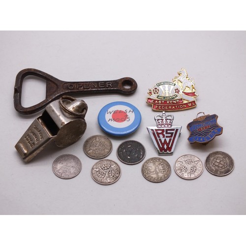 49 - OLD WHISTLES, SILVER COINS, SOME BADGES ETC