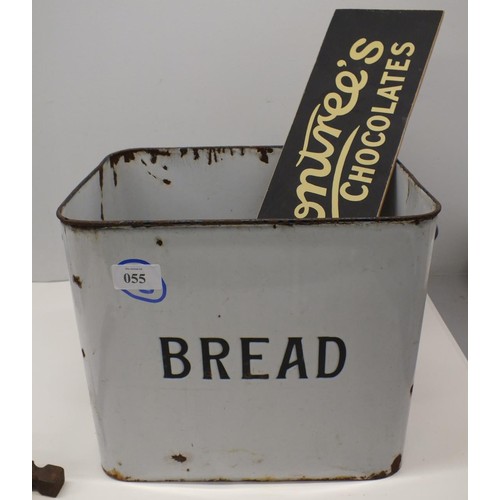 55 - LARGE VINTAGE ENAMEL BREAD BIN (NO TOP) WITH OTHER VARIOUS ITEMS