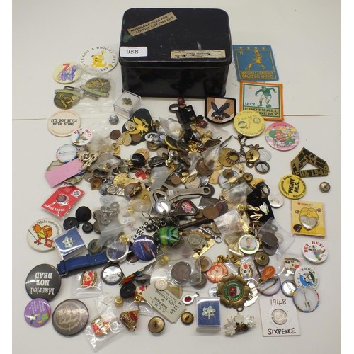 58 - OLD COAL MINING RELATED TIN FULL OF MISCELANEOUS INCLUDING BADGES AND COINS