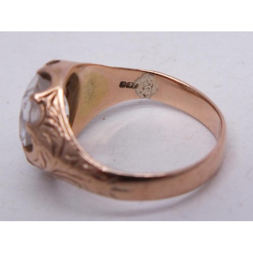 221 - VINTAGE 9CT ROSE GOLD ETCHED RING WITH CLEAR STONE SIZE M- 4.1G