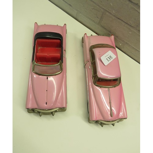 135 - TWO VINTAGE PINK TINPLATE CARS ONE FRICTION CAR
