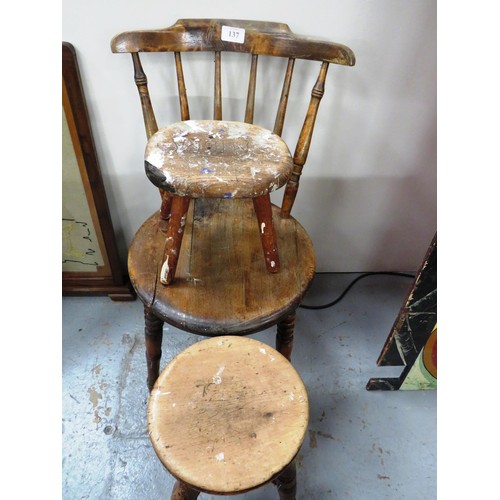 137 - VINTAGE WOODEN CHAIR AND TWO WOODEN STOOLS