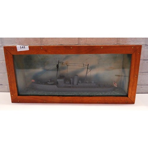 141 - MODEL WARSHIP IN DISPLAY CASE AND FOUR PICTURES INCLUDES RACE HORSE PRINTS