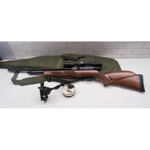142 - COYOTE GAMO RIFLE 12 SHOT WITH CARRY BAG, STAND AND SCOPES