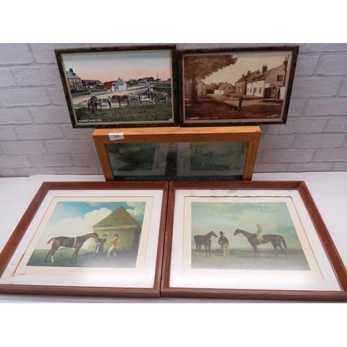 141 - MODEL WARSHIP IN DISPLAY CASE AND FOUR PICTURES INCLUDES RACE HORSE PRINTS