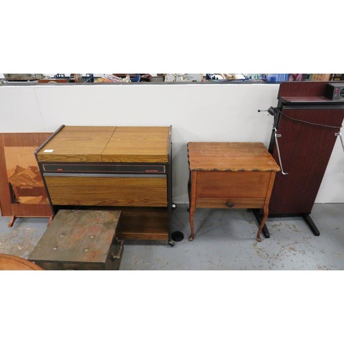 145 - TROUSER PRESS, HOSTESS TROLLEY, BRASS FIRESIDE BOX & SEWING CABINET WITH CONTENTS