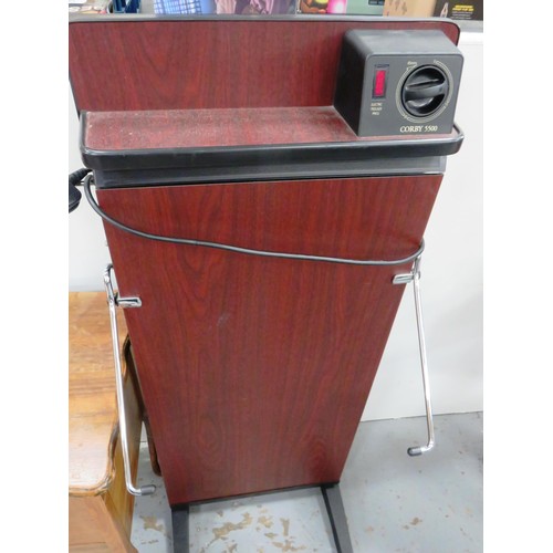 145 - TROUSER PRESS, HOSTESS TROLLEY, BRASS FIRESIDE BOX & SEWING CABINET WITH CONTENTS