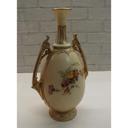 134 - ROYAL WORCESTER HAND PAINTED TWIN HANDLED VASE RN 29519, HEIGHT 34cm