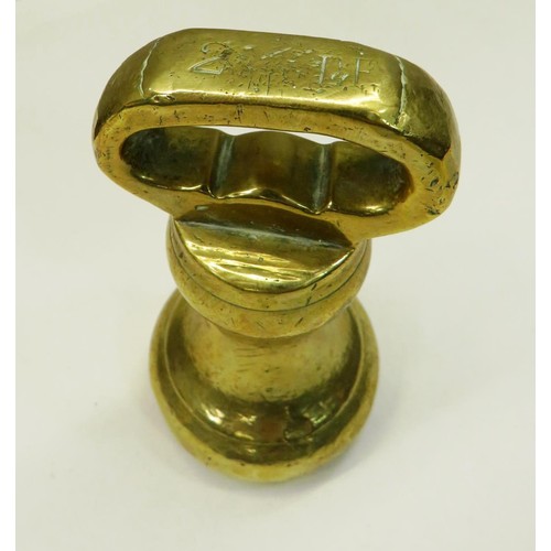 203 - TWO HEAVY BRASS WEIGHTS AND MINIATURE SCALES WITH WEIGHTS