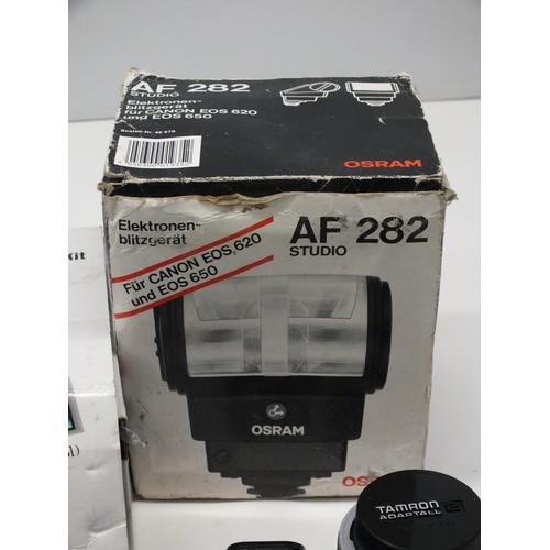 256 - BOXED CANON EOS 500 CAMERA WITH STRAP AND PAPERWORK PLUS AN ASSORTMENT OF CAMERA EQUIPMENT INCLUDING... 